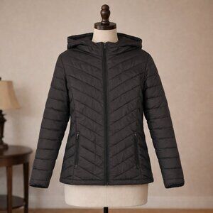Women’s Black Quilted Hooded Puffer Coat Size L